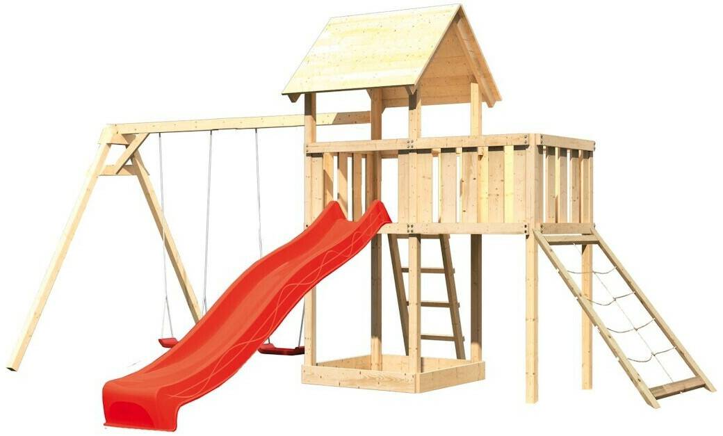 Akubi Kinderspielturm Lotti mit Wellenrutsche, Doppelschaukelanbau und Netzrampe rot (8496) Schaukeln & Rutschen