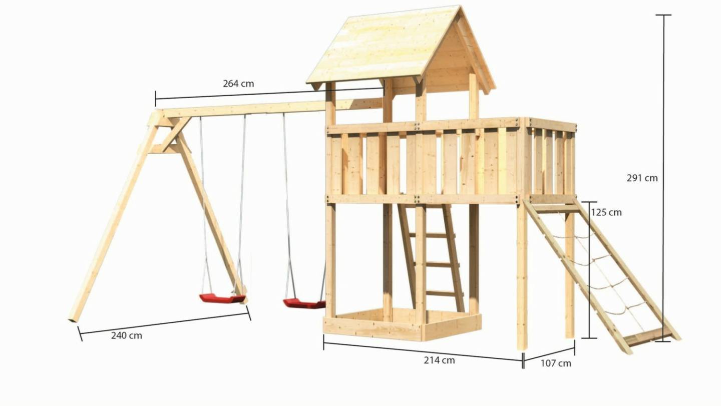 Karibu Akubi Kinderspielturm Lotti inkl. Doppelschaukel, Anbauplattform und Netzrampe inkl. gratis Zubehörset Schaukeln & Rutschen