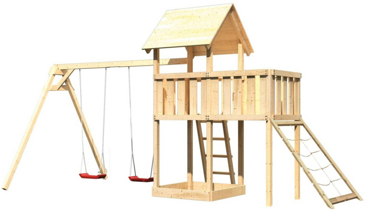 Karibu Akubi Kinderspielturm Lotti inkl. Doppelschaukel, Anbauplattform und Netzrampe inkl. gratis Zubehörset Schaukeln & Rutschen