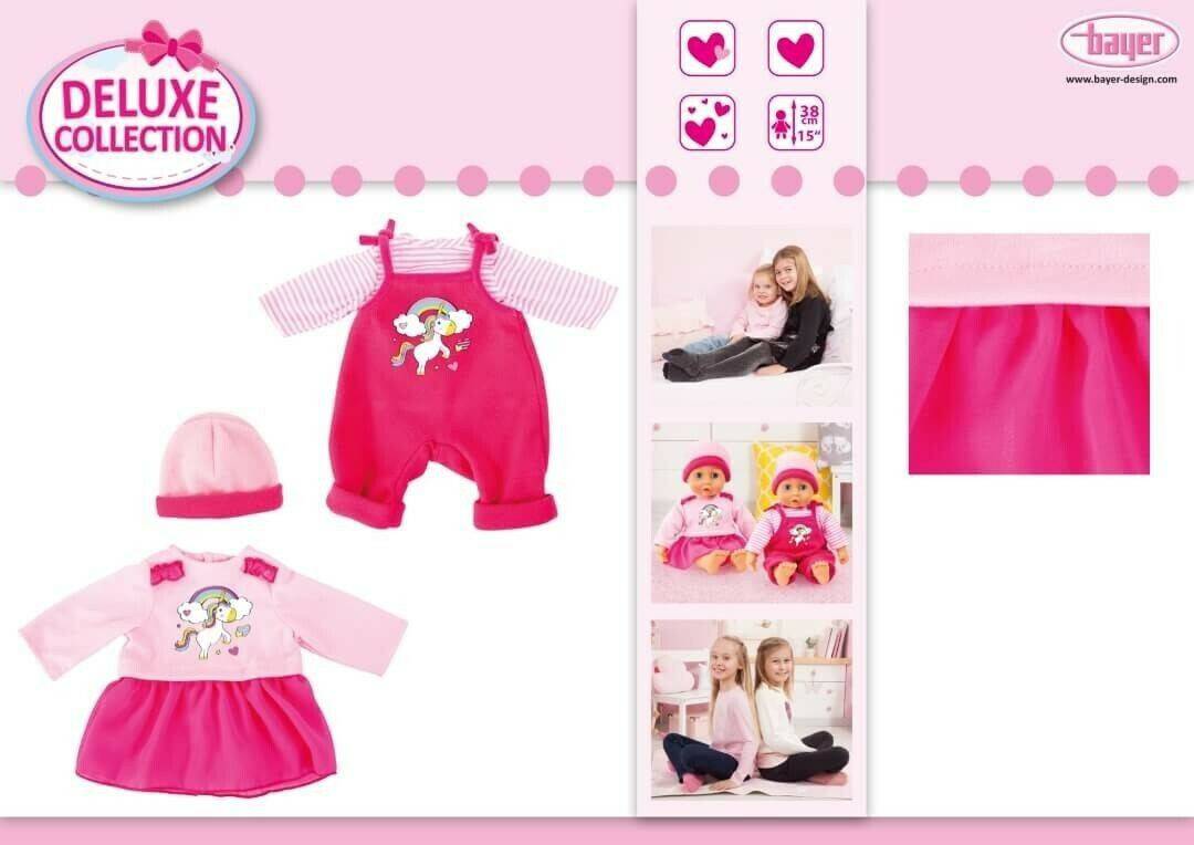 Bayer Design Kleider Puppen 33-38 cm: 4-tlg. Set - Latzhose Oberteil Mütze Kleid rosa/pink (16933593) Puppen