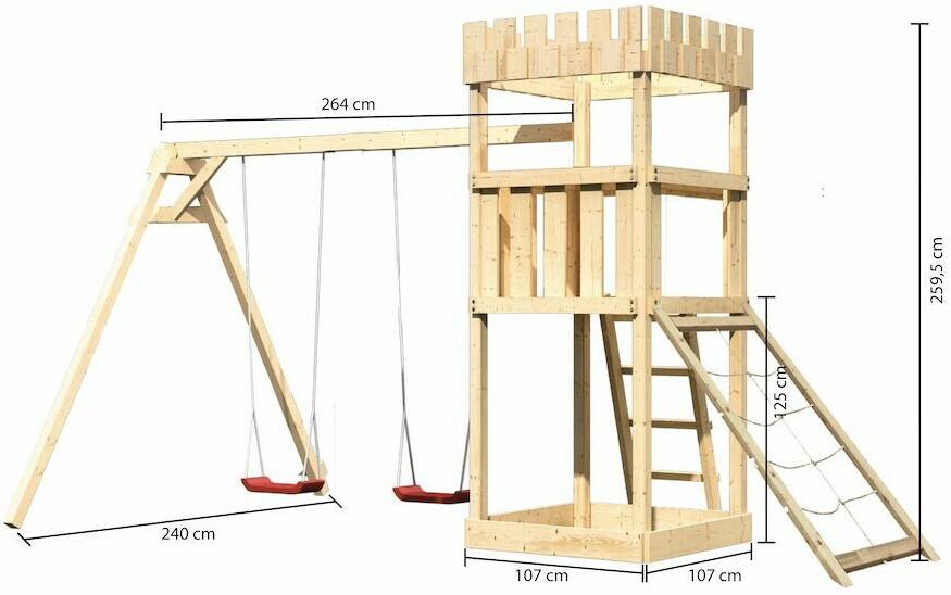 Schaukeln & Rutschen Akubi Ritterburg Löwenherz mit Doppelschaukelanbau und Netzrampe naturbelassen (20377)