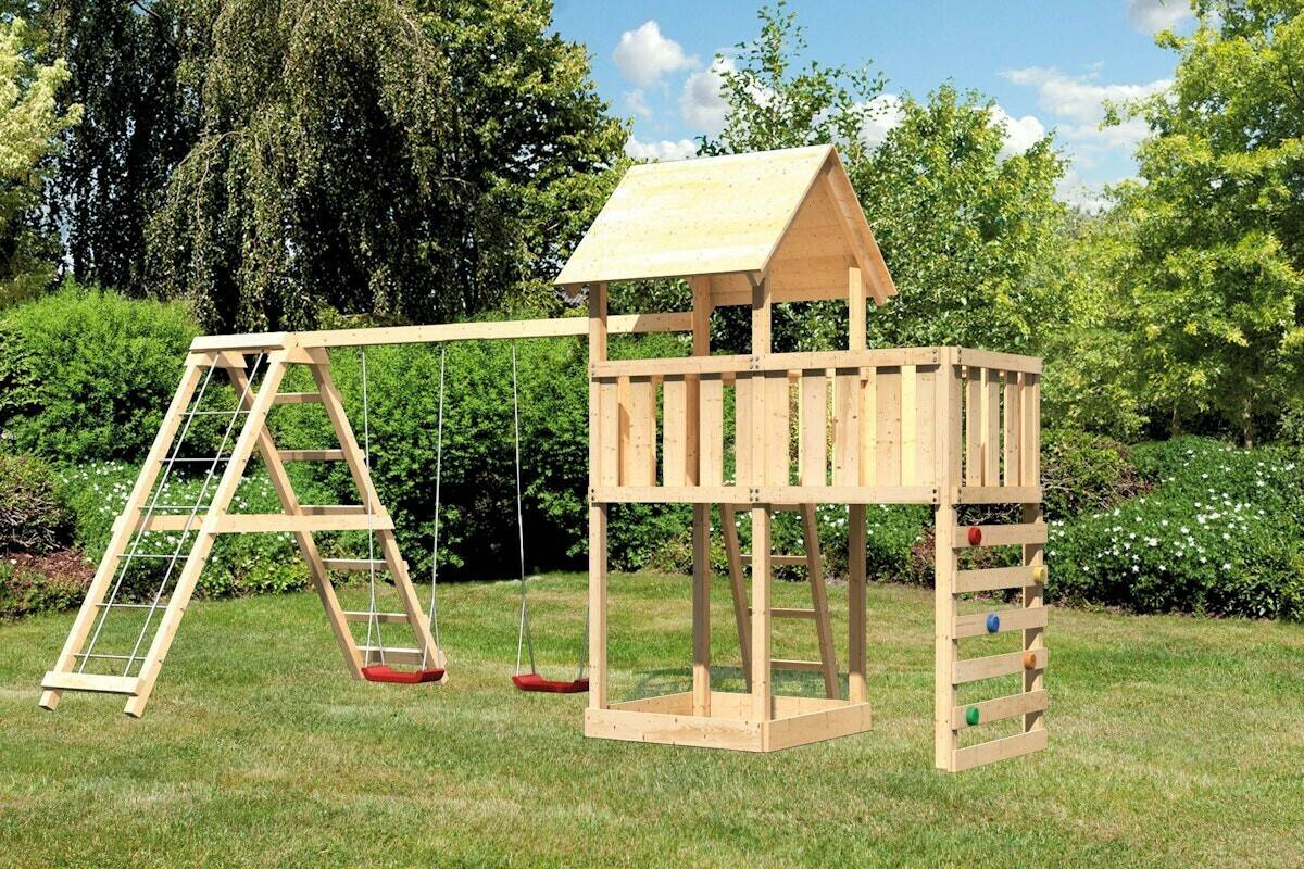 Akubi Kinderspielturm Lotti mit Doppelschaukel, Klettergerüst und Kletterwand naturbelassen (8446) Schaukeln & Rutschen