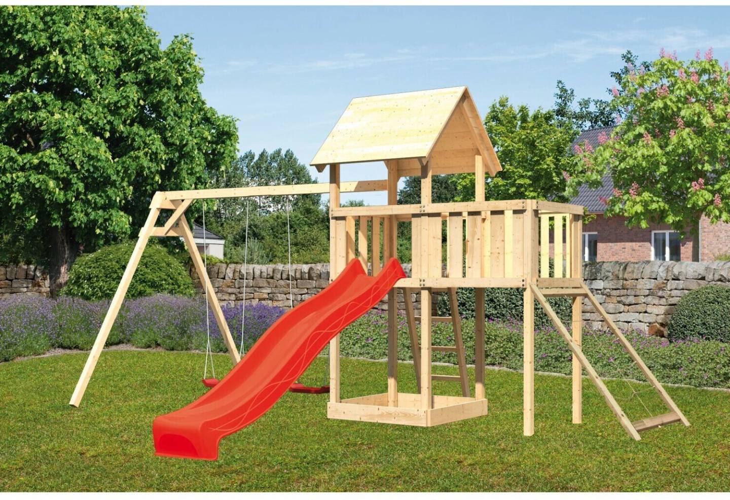 Akubi Kinderspielturm Lotti mit Wellenrutsche, Doppelschaukelanbau und Netzrampe rot (8496) Schaukeln & Rutschen