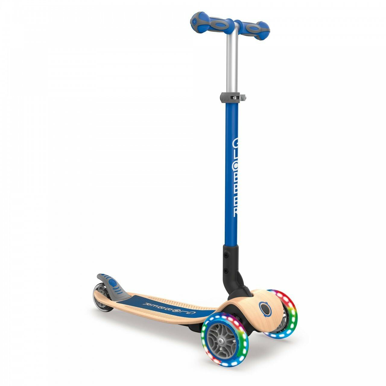 Globber Primo Wood mit Leuchtrolleblau Kinderroller